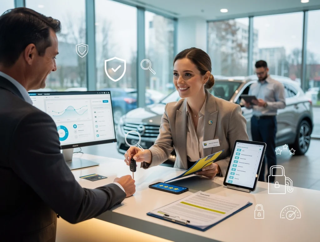 Une salariée d'agence de location de voiture donne des clés de voiture à un client Une salariée d'agence de location de voiture donne des clés de voiture à un client