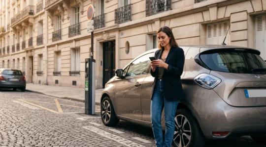 Femme utilisant son smartphone pour déverrouiller une voiture en station d'autopartage dans une rue urbaine française avec architecture haussmannienne en arrière-plan