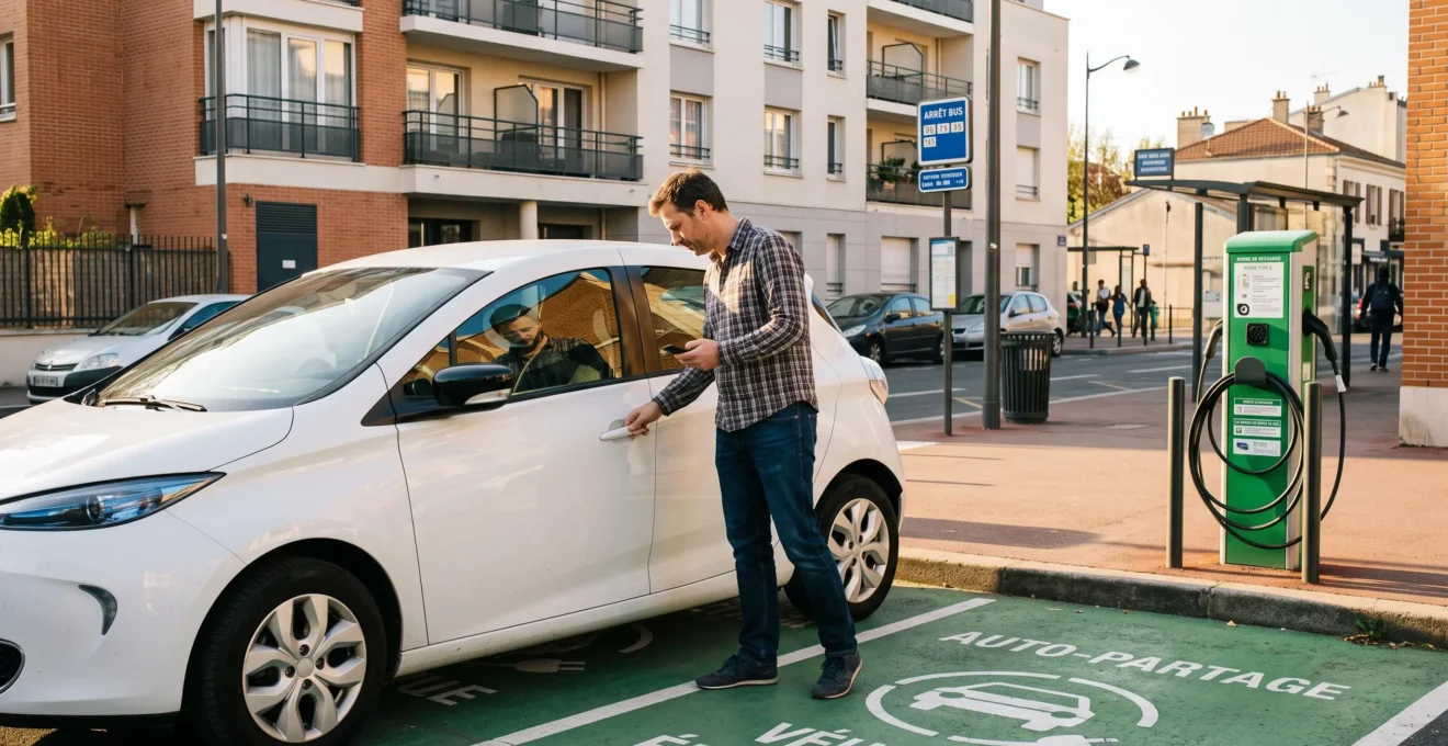 Homme déverrouillant une voiture électrique compacte blanche dans une station d'autopartage urbaine française avec borne de recharge verte et marquage au sol dédié