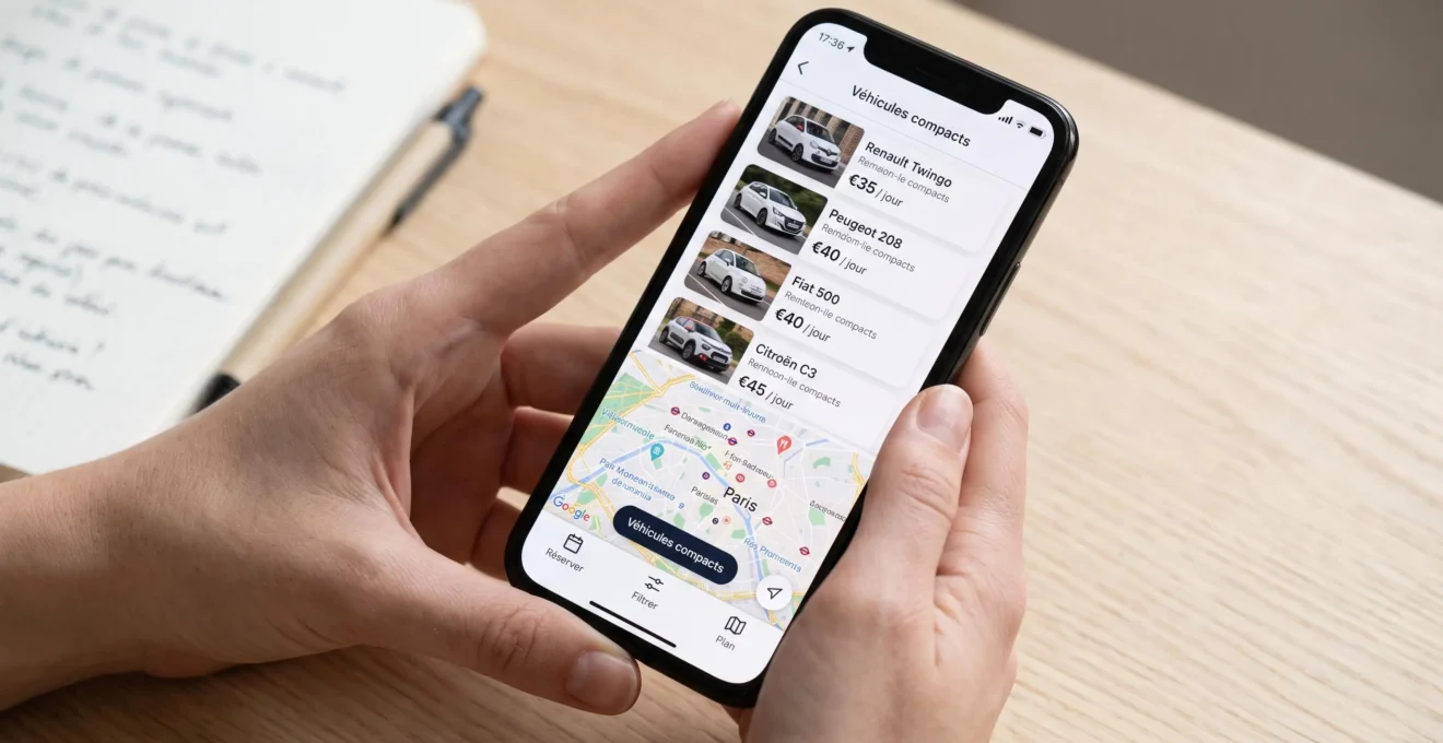 Gros plan de mains tenant un smartphone affichant une application de location automobile en français avec liste de véhicules, tarifs en euros et carte de Paris