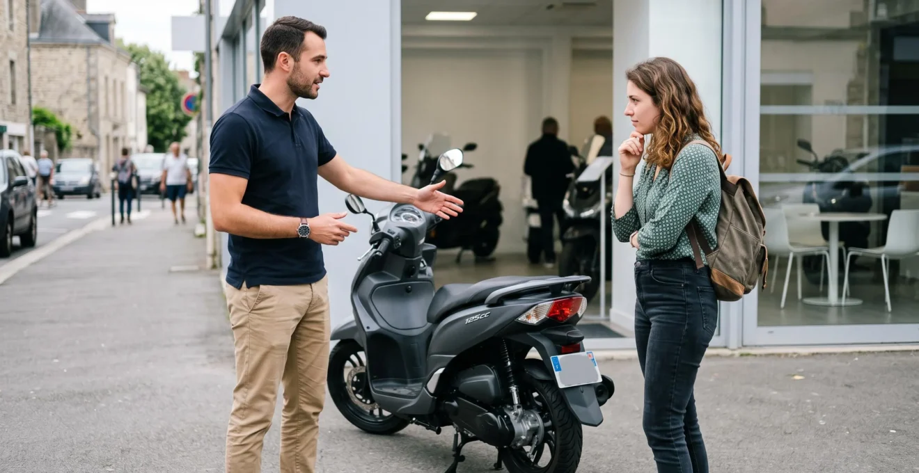 Vendeur de concession deux-roues discutant avec un client à côté d'un scooter 125cc neuf en devanture de magasin