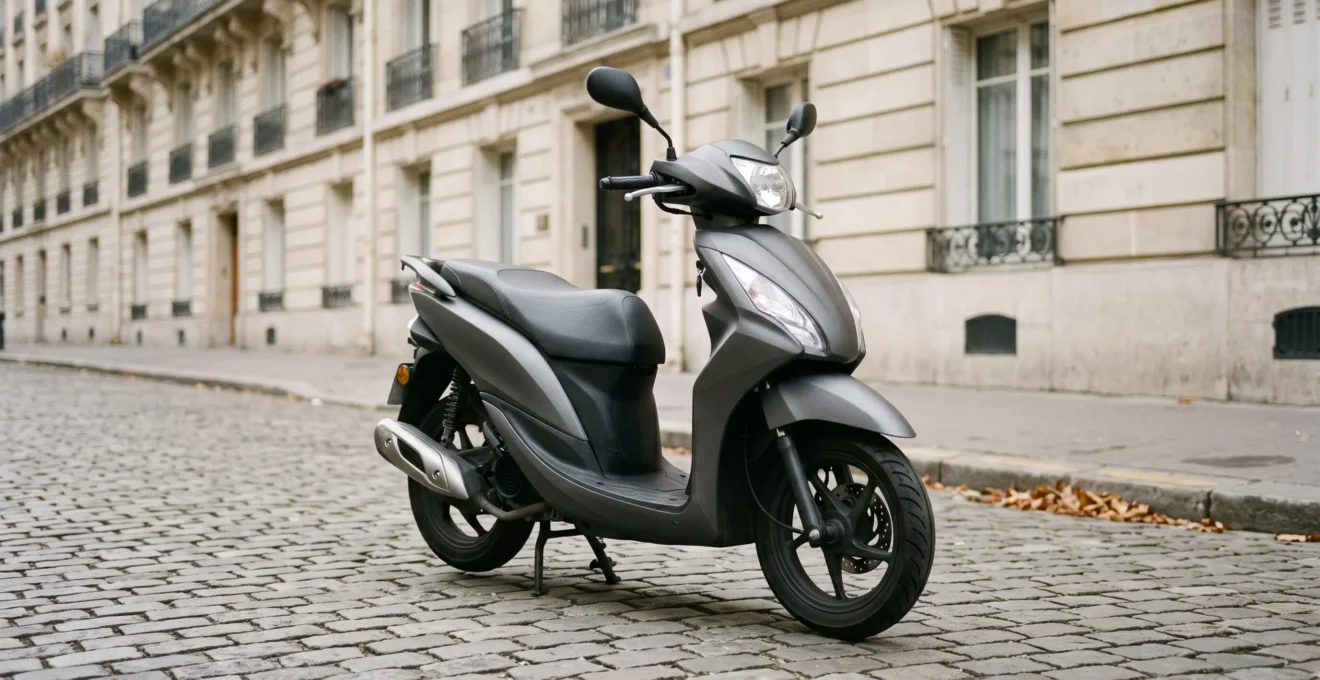 Scooter 125cc moderne stationné dans une rue urbaine française typique