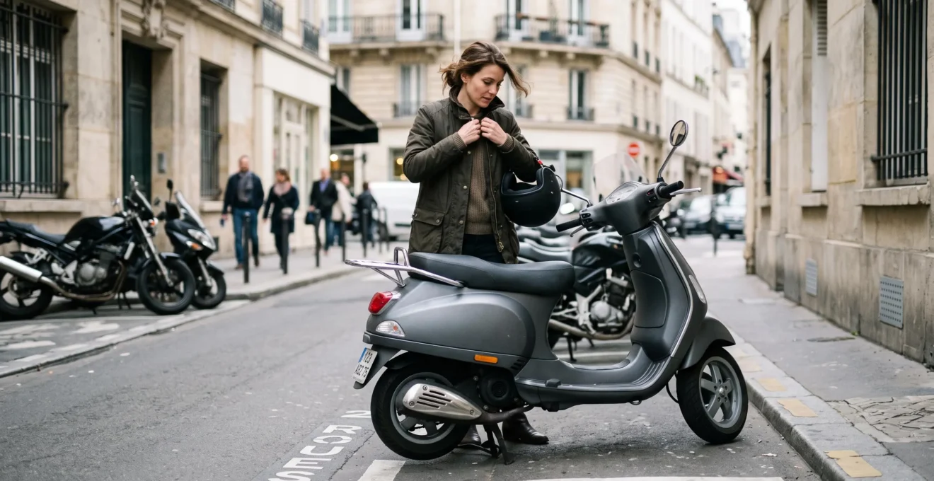 Jeune conductrice sécurisant son scooter 125cc après stationnement devant son lieu de travail en zone urbaine