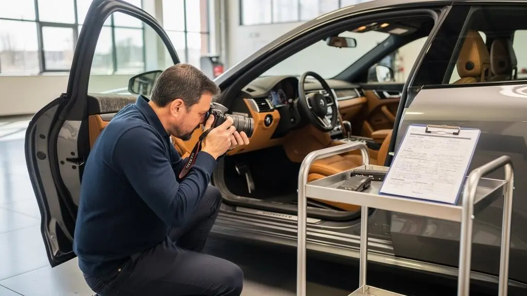 Un expert automobile examine le compartiment moteur d'une voiture de prestige lors d'une expertise.