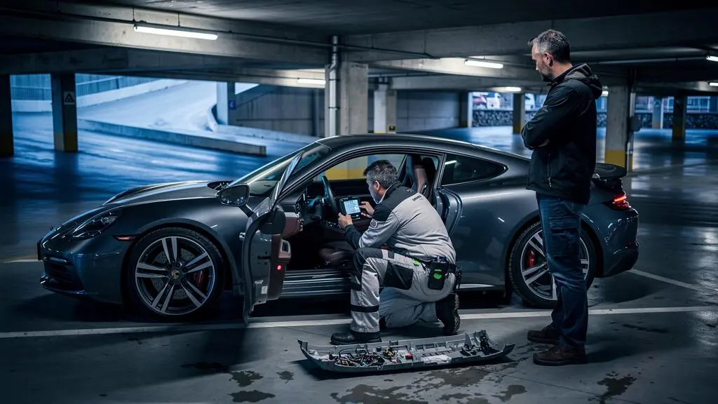 Un technicien installe un traqueur GPS sous le tableau de bord d'une voiture de prestige en sous-sol.